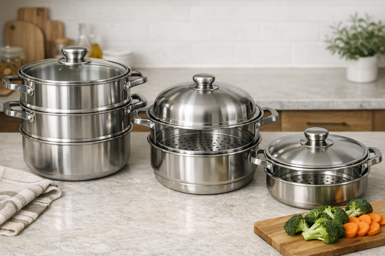 様々なサイズや形状のステンレス蒸し鍋がキッチンに並べられ、選び方をイメージさせる様子