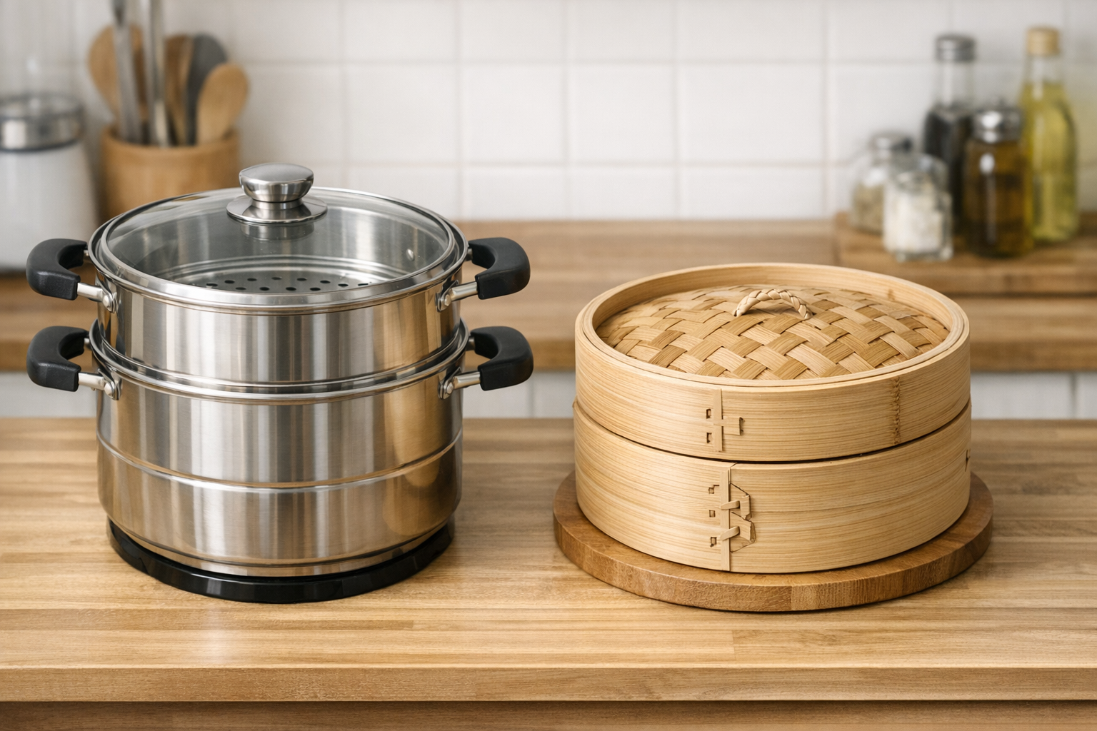 蒸し器とせいろを並べて比較している様子