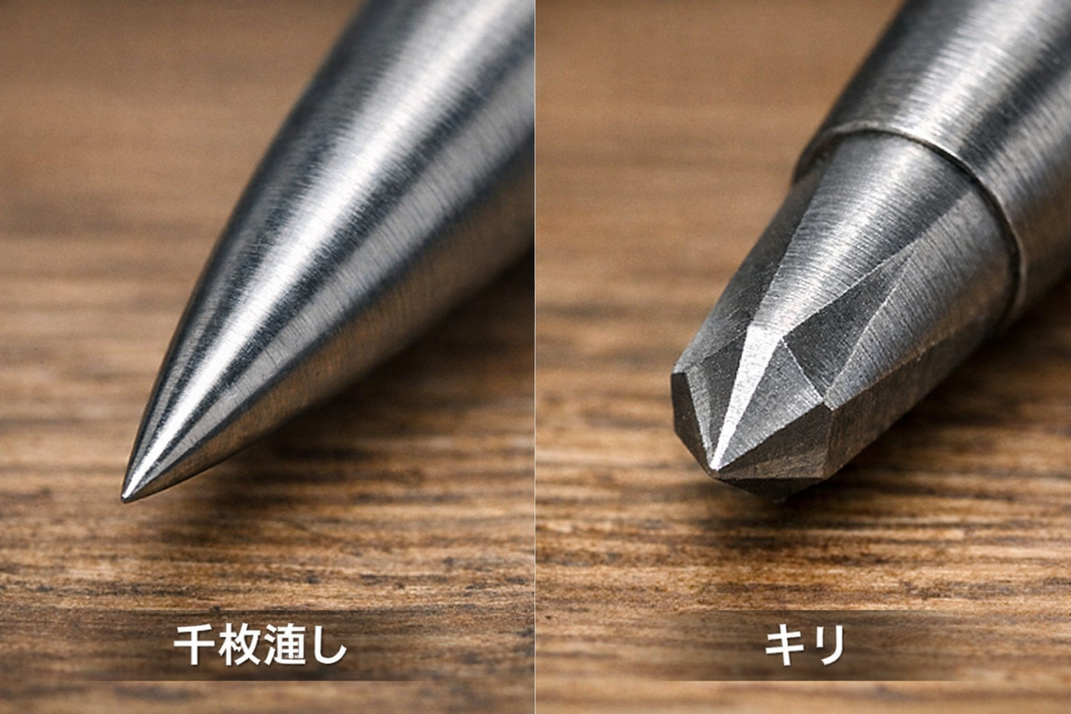 円錐形の針を持つ千枚通しと、先端が多角形になっているキリの先端部分の拡大比較