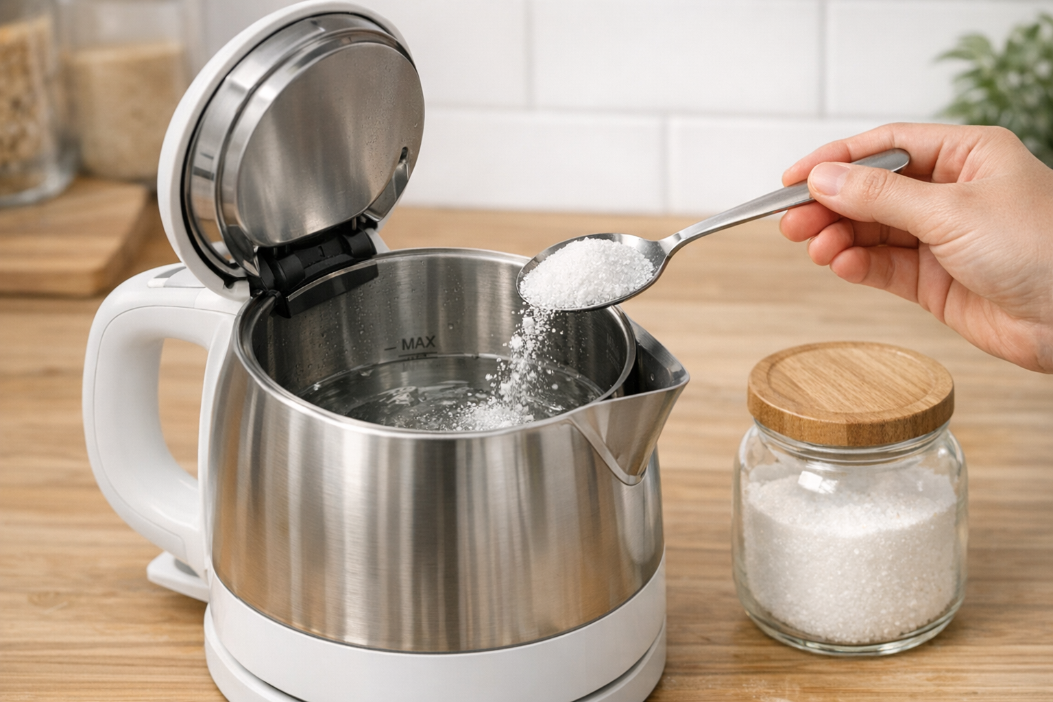 電気ケトルにクエン酸の粉末を入れている手元の様子