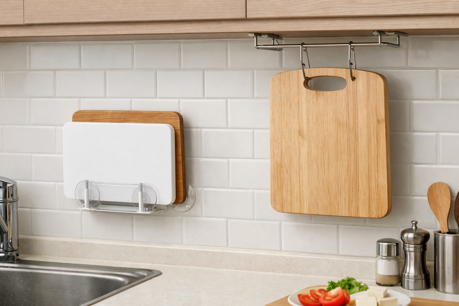 キッチンの壁面タイルに吸盤で固定されたスタンドや、吊り戸棚から下げられたフックにまな板が「浮いた状態」で収納されている様子