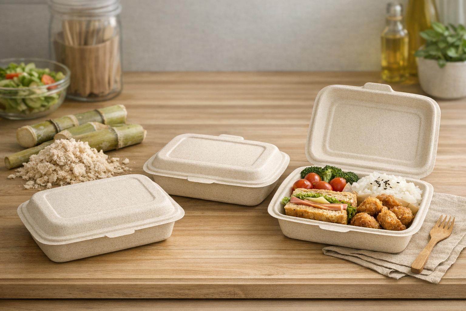 サトウキビの搾りかすから作られた、自然な風合いのバガスランチボックス