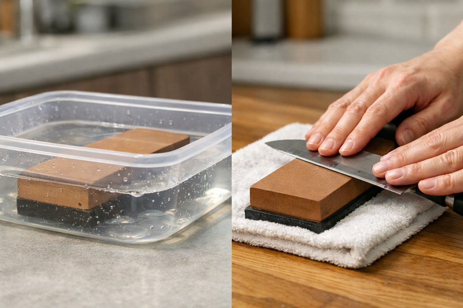 100均の砥石を水に浸している様子と、濡れタオルの上で滑らないように固定して研いでいる手元のアップ