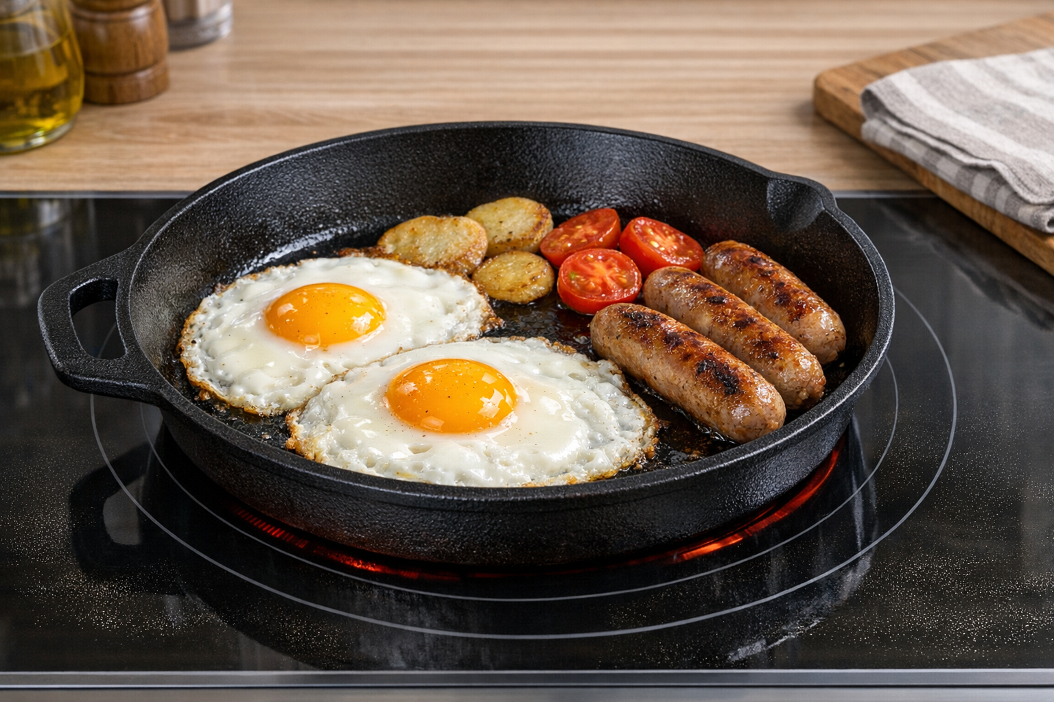 IHコンロの上に置かれた黒い鉄製のスキレットと、その中で調理されている目玉焼きやソーセージの様子