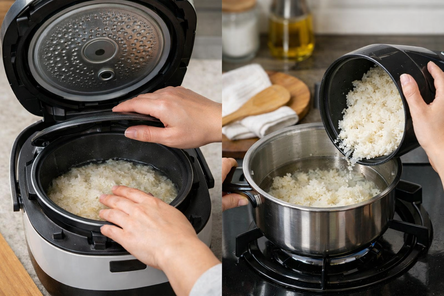 炊飯器のフタを開けて中身の水分状態を確認している様子、または鍋で炊き直しの準備をしている様子