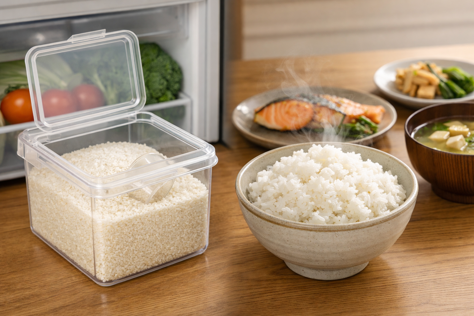 虫のいない清潔な米びつで炊かれた美味しいご飯のイメージ