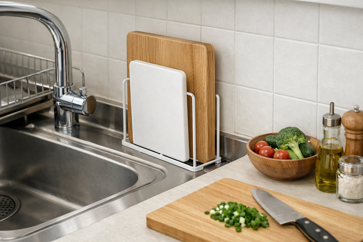 シンクと壁のわずかな隙間にスリム型のまな板スタンドがぴったりと収まり、メインの調理スペースが広く確保されている風景