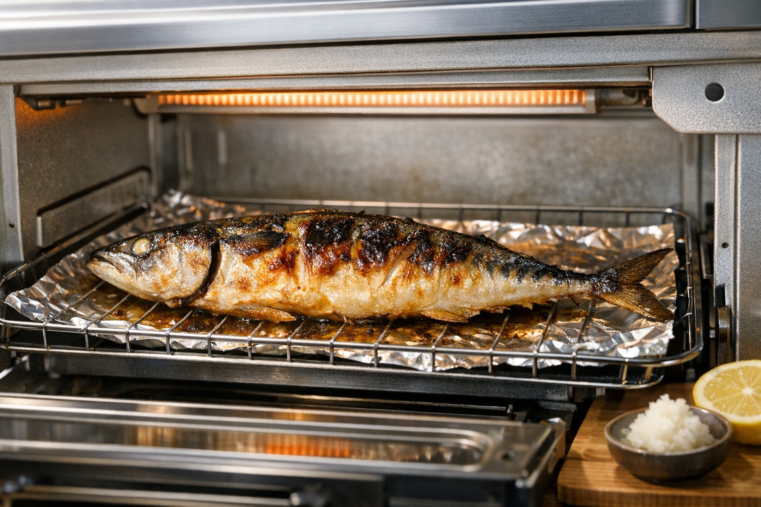 トースターで美味しそうに焼き上がった焼き魚のイメージ