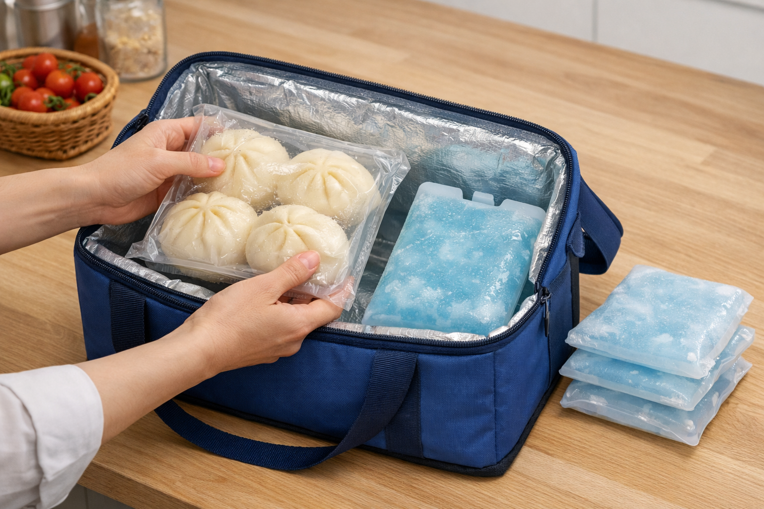 チルドの豚まんを保冷バッグに入れ、保冷剤を添える様子