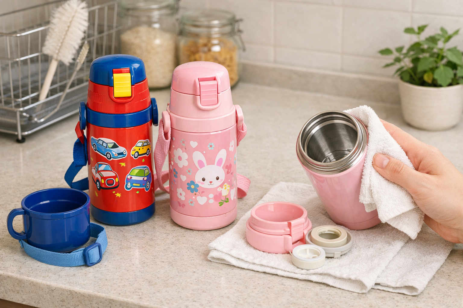 きれいに洗われ、長く大切に使われているスケーター水筒のイメージ