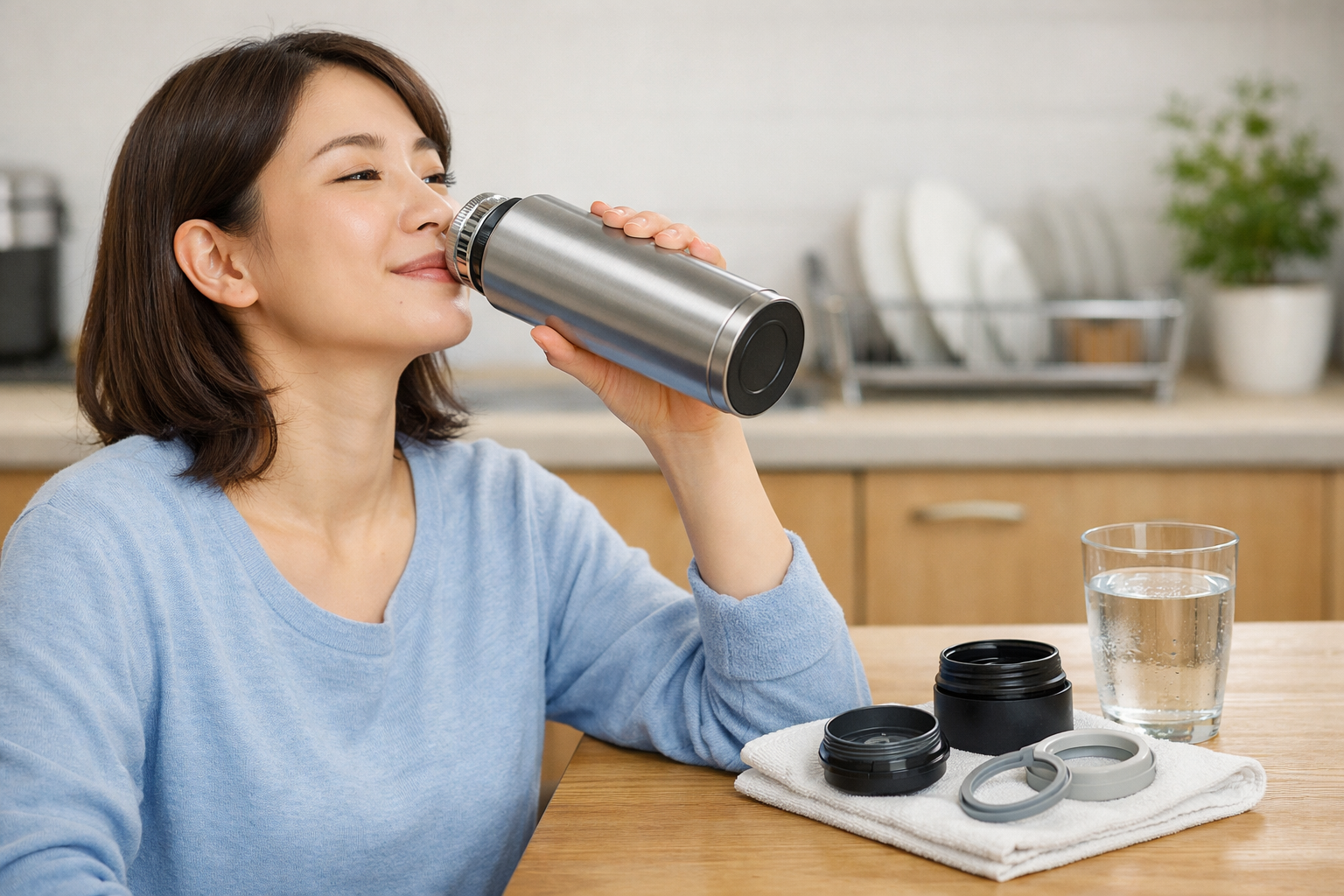 清潔になった水筒でおいしく水分補給をするイメージ