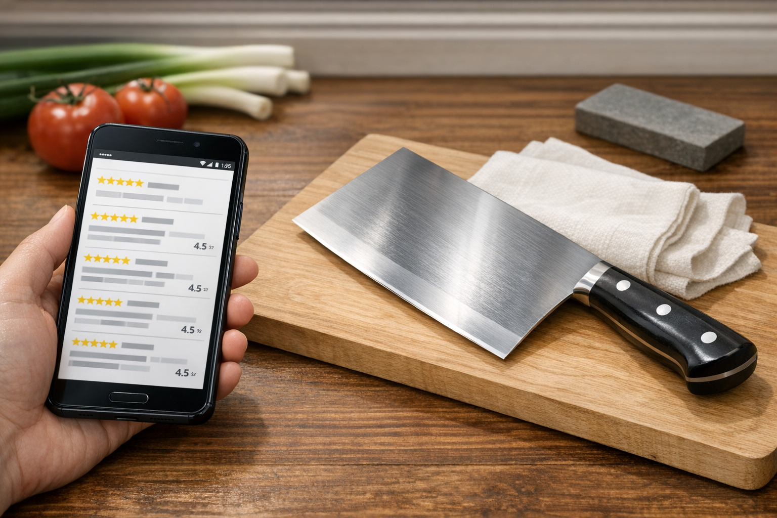 口コミサイトを見るスマートフォンと手入れされた包丁