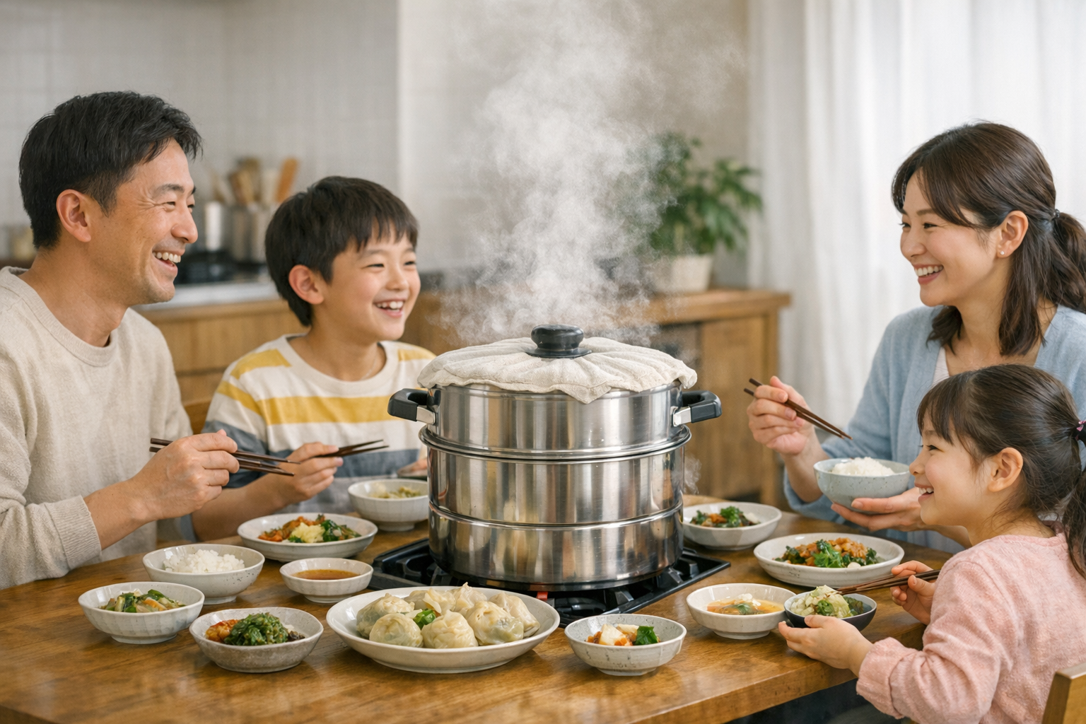 湯気の上がる蒸し器を中心に、家族が食卓を囲んで笑顔で食事をしている風景