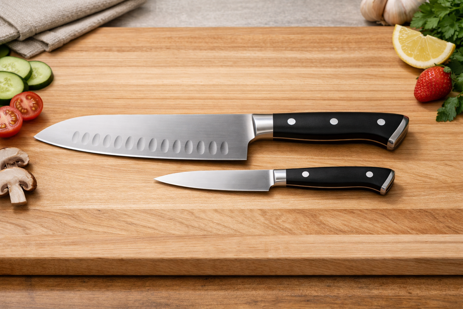 丁寧に研ぎ上げられ、まな板の上に美しく配置された三徳包丁とペティナイフ