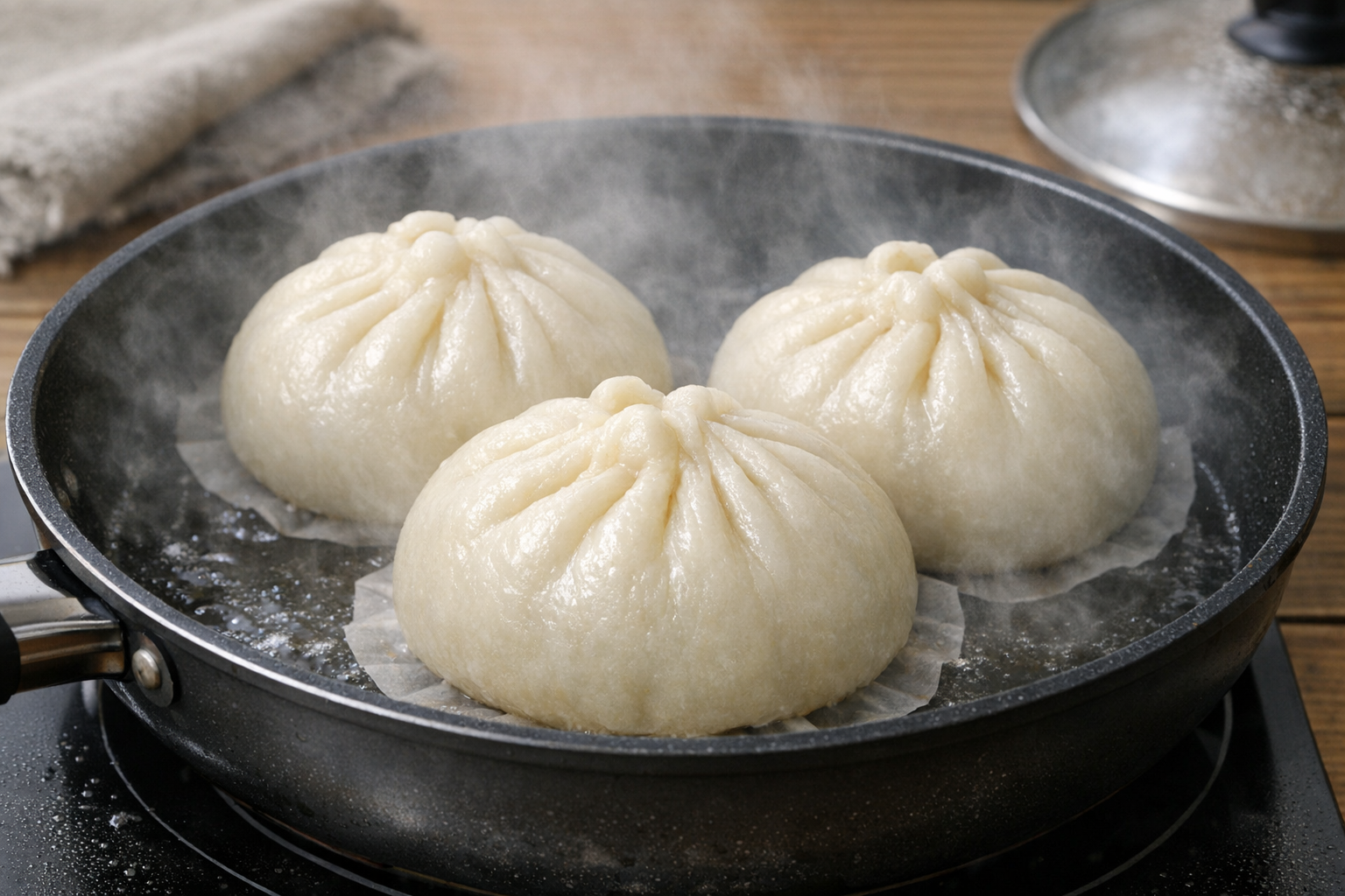 フライパンの中で蒸気と共にふっくらと膨らんだ肉まん