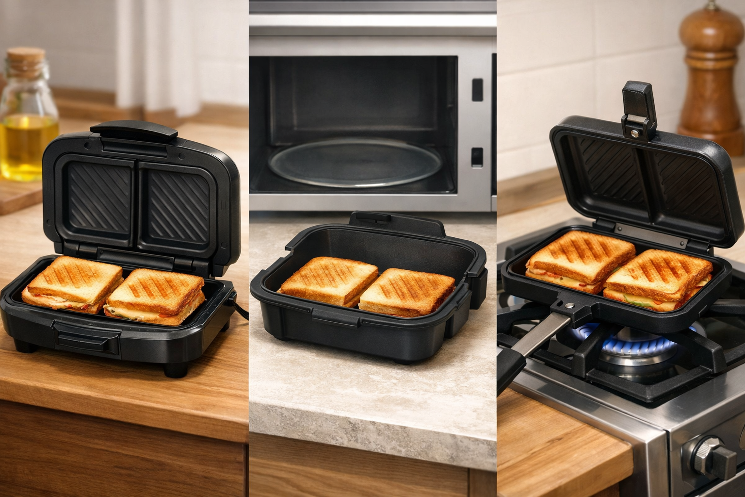 電気式、電子レンジ用、直火式の各ホットサンドメーカーの比較図