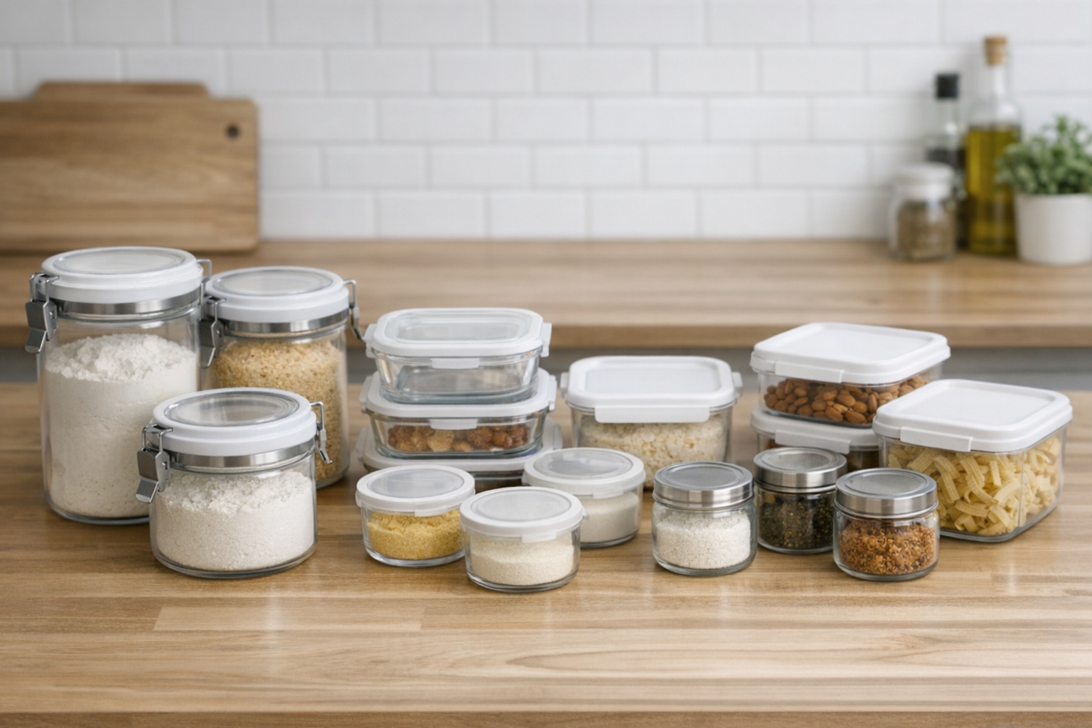 様々な種類のニトリの保存容器が綺麗に手入れされ並んでいる様子