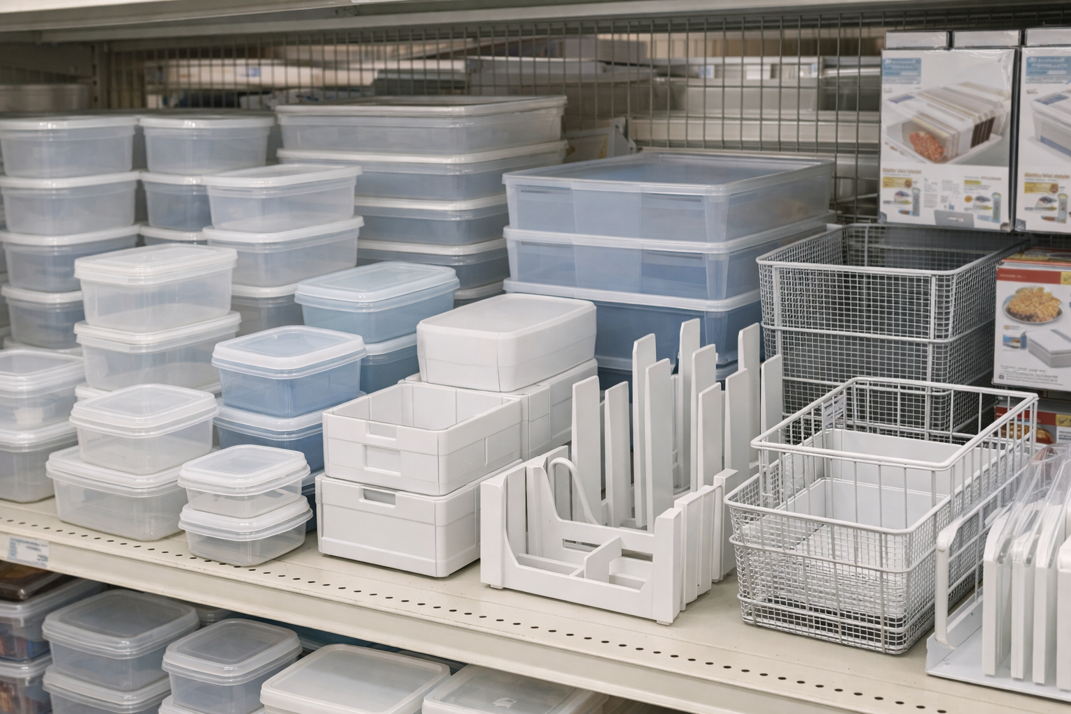 ダイソーの売り場に並ぶ、様々なサイズや深さのシール容器や冷凍庫専用の仕切りアイテム群
