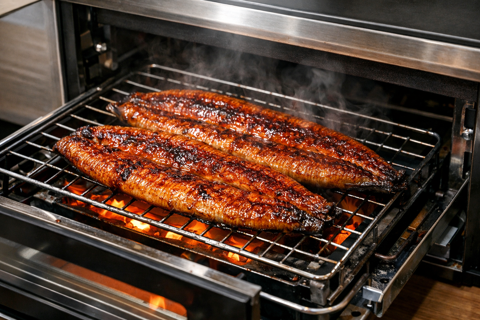 魚焼きグリルの中でじっくりと加熱されるうなぎ