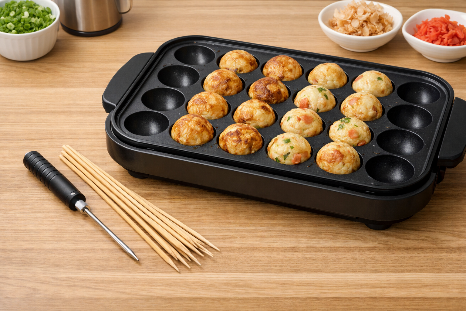 キッチンでの調理風景。たこ焼きプレートと専用のピック、および代用品としての竹串