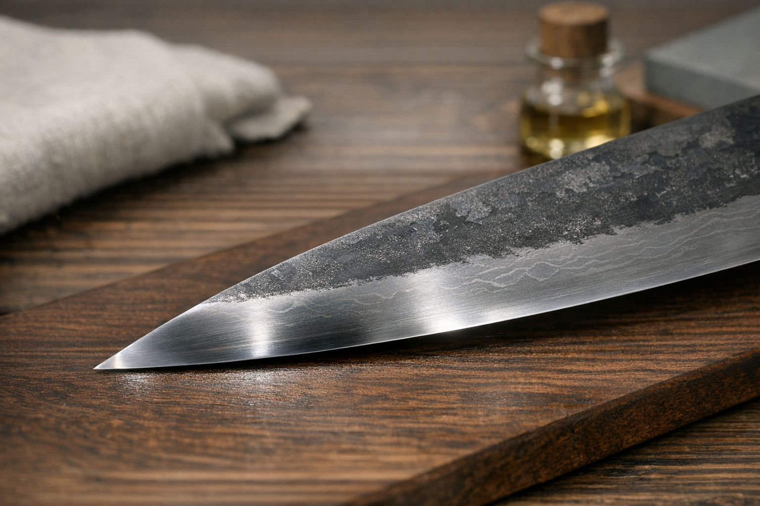 丁寧に手入れされ、鈍い光を放つ玉鋼包丁の刃先