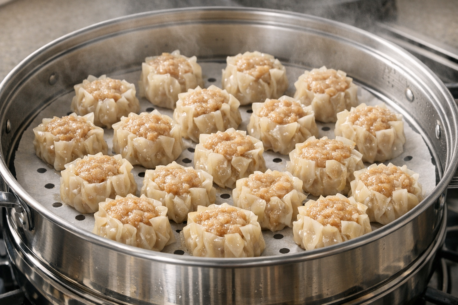 蒸し器の中に均等に並べられた、ツヤのある手作りシュウマイ