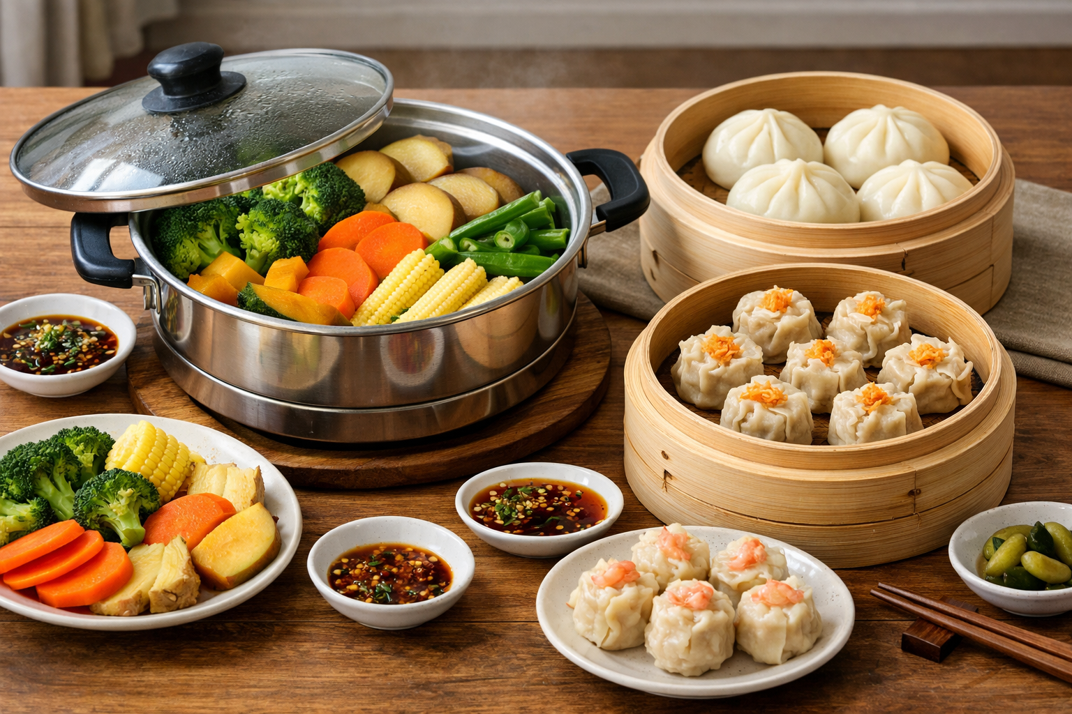 蒸し上がったばかりの温野菜や点心が並ぶ、美味しそうな食卓の風景