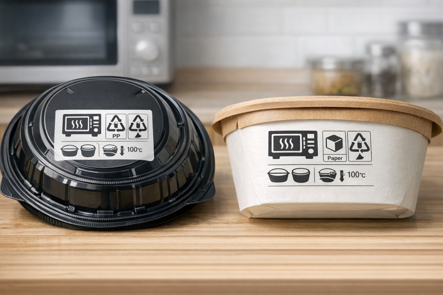 使い捨て弁当箱の裏面やパッケージに記載された「電子レンジ対応」のマークや材質表示